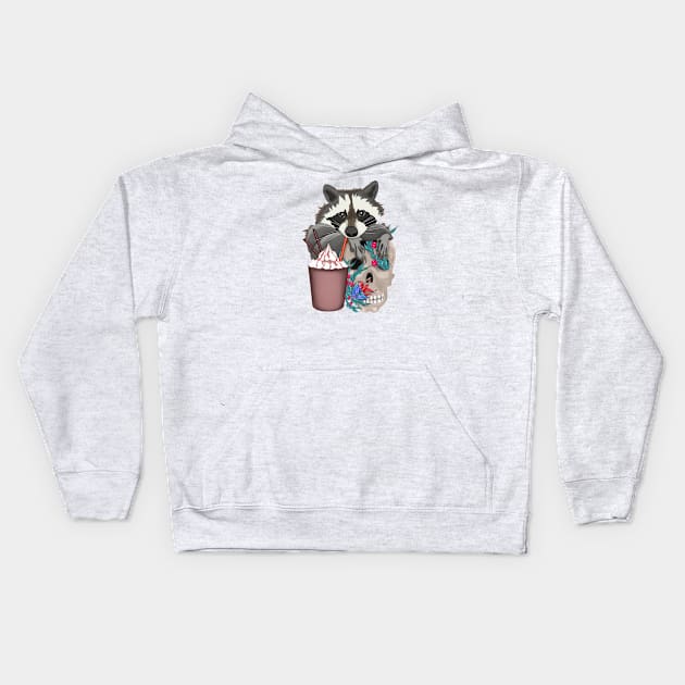 Raccoon with yummy and a skull in flowers Kids Hoodie by KateQR